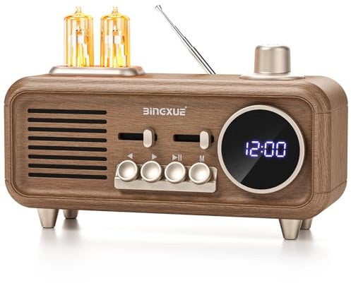 Portable Retro FM Radio with Clock, Vintage Bluetooth Speaker Radios with 2 Warm Light, Toggle 12/24 h Display, Strong Reception, Transistor Plug in Wall for Home, Bedroom(No Alarm Clock)