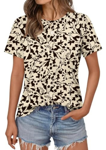 EFFAN Womens Summer Longline Pleated Floral Tops Short Sleeve Casual T-Shirts Ladies Vacation Dressy Loose Fit Blouses, Apricot Floral, XL
