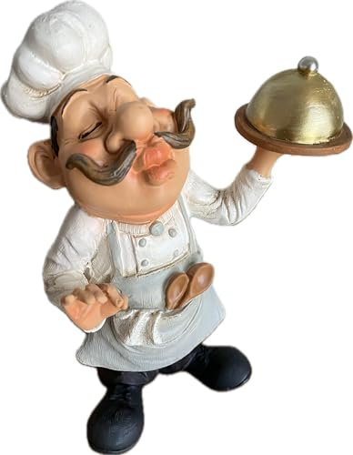 khevga Dekofigur Chefkoch aus Polyresin – Lustige Küchenfigur in Weiß-Schwarz mit Tablett – 23 cm hoch – Perfekt für Küche, Esszimmer, Restaurant-Deko originelle Geschenkidee für Kochliebhaber
