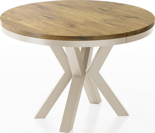 WFL GROUP Runder Ausziehbarer Esstisch im Loft-Stil - Industrieller Tisch mit Beige Cashmere Metallbeinen - Platzsparender Tisch für Wohnzimmer - Lancelot Eiche - 100 bis 180 cm