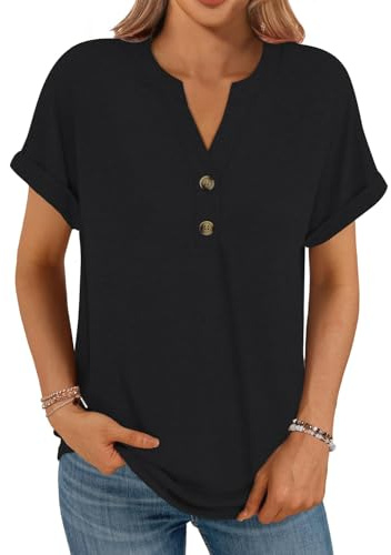 Cuptacc Womens Tops UK V Neck Button Simple Breathable Short Sleeves Ladies Tops Loose Fit Tunic Trendy Basic T Shirts Casual Oversized Blouses Black XL 14