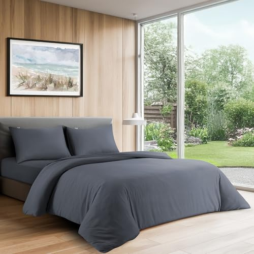 LYMA Complete Bedding Set King Plain Duvet Cover, Fitted Sheet & 2 Pillow Cases 50x75CM, OEKO-TEX Certified, Ultra Soft NanoPlush Double Brushed, Button Closure, Wrinkle Fade Resistant (Dark Grey)