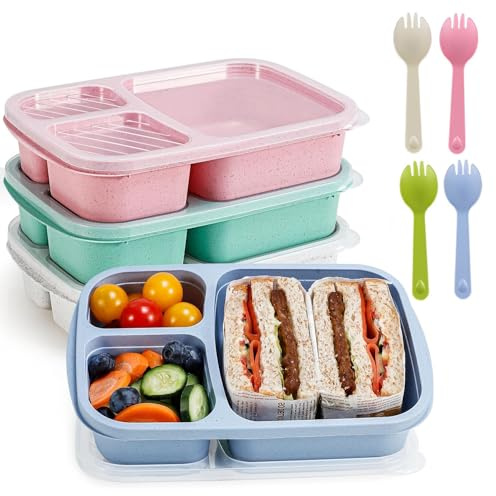 YXHZVON 4 Pack Snack Box with Compartments, Bento Snack Containers for Kids Adults, Reusable Meal Prep Lunch Containers with 4 Forks, for School Work Travel (Green/Blue/Pink/Beige)