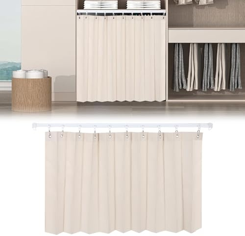 KMDZDZGS Schrankvorhang, Staubdichter Schrankvorhänge mit Schiene und Geräuschlosen Öffnungsringen, Selbstklebend Vorhang für Offenes Regale, Küchenschrank, Waschmaschine (Beige, H80 cm | W70 cm)