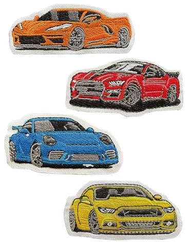 4 Stück Sportwagen Stickerei Patch Buntes Auto Bügelbild Aufbügler Iron On Sew On Flicken Aufkleber Applikation DIY Bügelbilder für T-Shirt Weste Rucksäcke Jacke Kleidung Taschen Baseballkappe