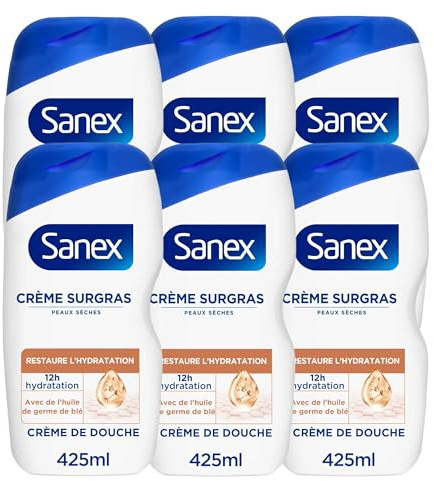 SANEX - Crème de Douche Derma Care Surgras - Hydratation 12h - Peaux Sèches - 6 x 425ml