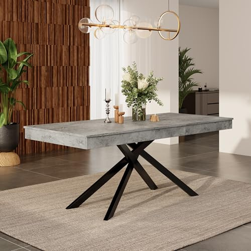 ModernLuxe Ausziehbarer Esstisch 140–180 cm für 6–8 Personen, Rechteckiger Esszimmertisch Grau mit Metall Kreuzbeinen