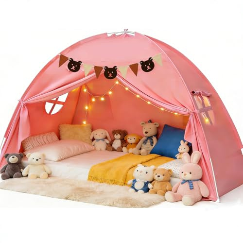 Kinderzelt Indoor Spielzelt Kinder Groß, 195 X 98 X 125 cm Kinderzimmer Spielhaus mit 2 Fenstern, Lichtkette & Fahnen, Maschinenwaschbar, für Spielzimmer, Party, Schneller Aufbau (Rosa)