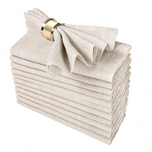 GFI LINEN CLUBS Flax Linen Cotton Cloth Dinner Napkin - 18x18 - Natural, Premium Napkins with Metered Corners, Pack of 12, Reusable, Soft and Durable, Table Linens Dining, Kitchen, Parties, Weddings