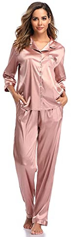 SHEKINI Elégant Ensembles de Pyjama Femme en Satin Manches Longues Top Bouton et Pantalon 2 Pièces Vêtements de Nuit, Rose, XL