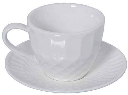 Set de 6 Tazas de té con Plato de Porcelana y con Caja de Regalo en Blanco Taza 10,5x8,2cm, Plato 6,5cm