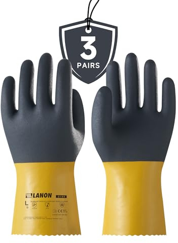 LANON 3 Paar PVC Chemikalienschutzhandschuhe, Arbeitshandschuhe, Beständig gegen Säure, Alkali und Öl, Anti-Rutsch Schutzhandschuhe, EN 388/374, L/9