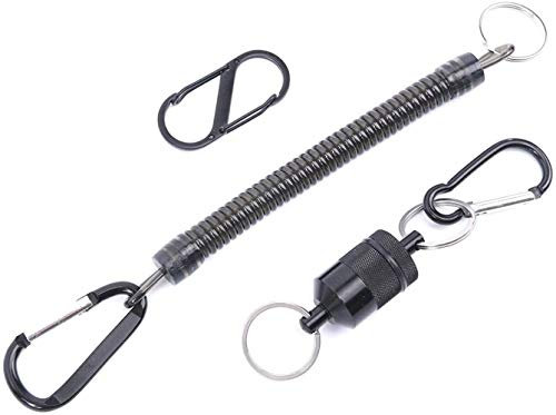 MAXIMUMCATCH Maxcatch Fishing Magnetic Net Release Holder with Lanyard Coil Carabiner Clip for Fly Fishing Landing Net (Black+Retractable Coil+D-Ring Loop, 1 PACK)