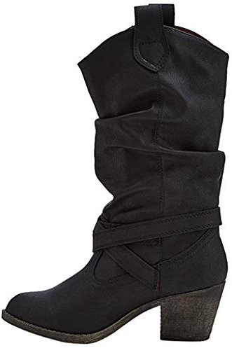 Stivali da Donna in Pelle con Cinturino Incrociato al Ginocchio con Fibbia Scarpa con Tacco Basso (Nero, Numeric_39)