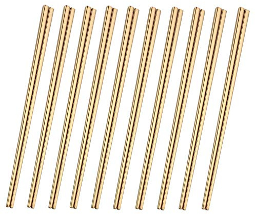 Dtdepth Stainless Steel Chopsticks - 10 Pairs Gold Reusable Dishwasher Safe Chopsticks, Lightweight, 304 Stainless Steel, Easy to Use