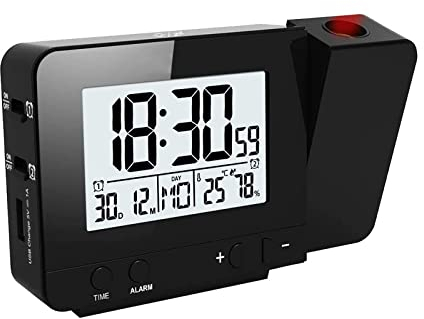 VORRINC Projektionswecker Digital Uhr mit USB Anschluss, Innentemperaturanzeige und Datumsanzeige, 4 Helligkeiten, Dual-Alarm, Kalender, für das Home Office, Kinderzimmer (Schwarz)