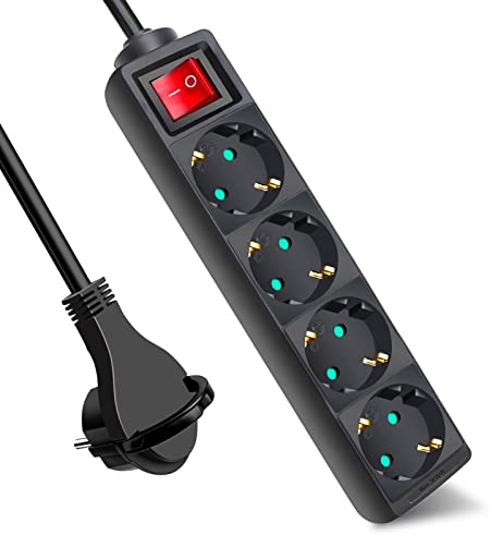 EXTRASTAR Steckdosenleiste 4-Fach, Flachstecker Mehrfachsteckdose mit Save Energy-Schalter, Mehrfachsteckdose Flacher Stecker mit 3m Kabel, IP20, 16A, 3680W, Flachstecker, Schwarz