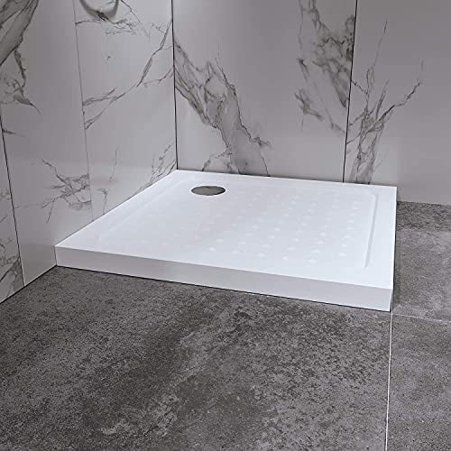 i-flair Duschwanne 85x85 cm, flache Duschtasse aus langlebigem Sanitäracryl mit Anti-Rutsch-Noppen inkl. Ablaufgarnitur mit Geruchsverschluss (Siphon) - Weiß