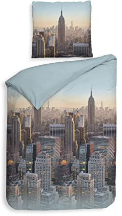 Heckett Lane Flanell Bettwäsche Hayden Städtemotiv Airy Blue 135x200 + 80x80 cm