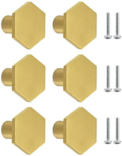 QWORK® 6 Pcs Gold Brass Hexagonal Drawer Pulls Door Handles for Furniture, Screws Included, 25mm x 18mm