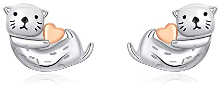 Seeotter-Ohrstecker, 925er-Sterlingsilber, klein, niedliches Tierversprechen, Liebe, Herz, Statement für Frauen und Mädchen, kleiner Knorpel-Piercing-Schmuck, zartes schönes Geschenk, Tochter, Nichte,