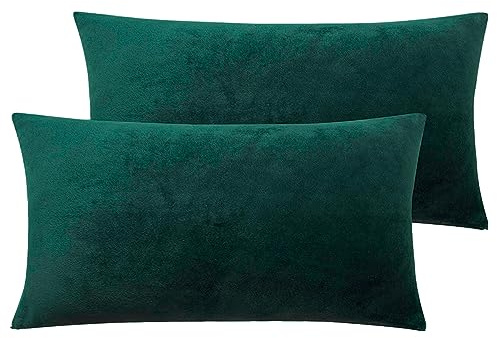 Soifox Kissenbezug 40x80 2er Set - Flanell Cashmere Touch Warme Kopfkissenbezug 40 x 80 Dunkelgrün 100% Mikrofaser bügelfrei & knitterfrei mit Reißverschluss
