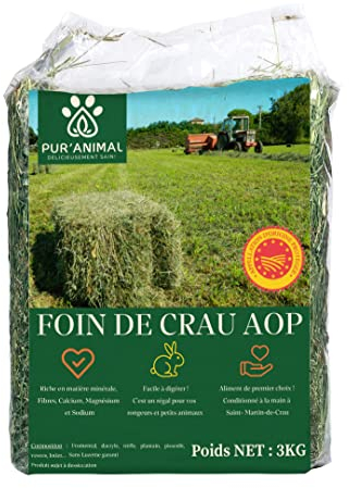 PUR'ANIMAL - Foin de Crau AOP 3KG pour Lapins et Petits rongeurs, Foin Lapin, Nourriture pour Lapins, Cochon d'Inde...