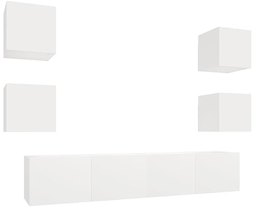 vidaXL Modern White Engineered Wood 6 Piece TV Cabinet Set - Wall Mounted Design, Spacious Storage, Resistant Material, Living Room Furniture