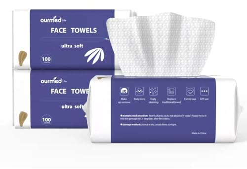 Ourmed Life Face Towels, Disposable Biodegradable Clean Face Wipes for Sensitive Skin, Lint- free Facial Towels for Women Cleansing, Skincare and Makeup Remover, Dry Wipes,300 Count EF Texture