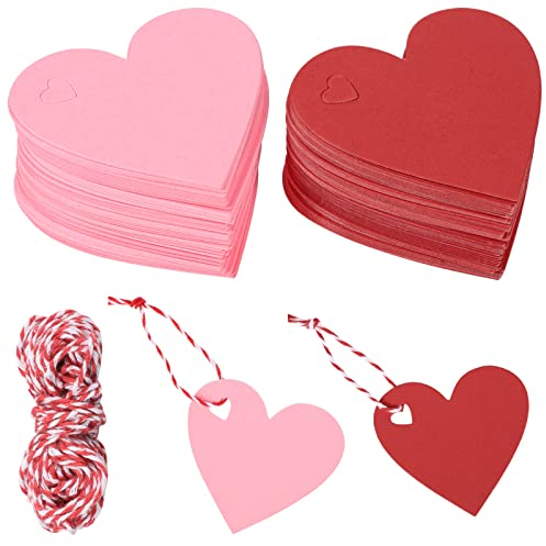 200 Stück Geschenkanhänger Klein, Herz Anhänger Papier mit 25m Schnur Faschingsdeko DIY Glücksbringer für Hochzeit Geburtstag Valentinstag Taufe Kommunion Karneval Feiertags Dekoration Rot Rosa