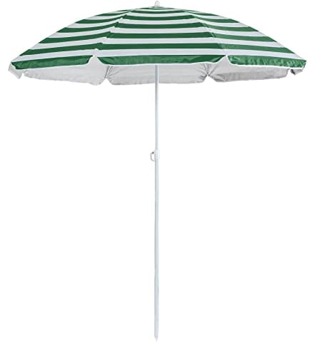 Harbour Housewares Green Striped Beach Parasol with Push-Lock System - 1.74 x 1.93m - UPF 50+ Portable Garden Umbrella Lightweight UV Sun Protection Umbrella for Picnics, Garden and Beach Days