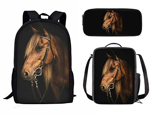 Yuuxorilu Rucksack-Sets Kinder Büchertasche Grundschule Tagesrucksack Schule, Pferde Rucksack Schule, leger