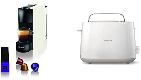 KRUPS Nespresso Essenza Mini Pure white Café Machine à café Cafetière Capsule de & Philips Grille-pain - 2 Fentes, 8 Réglages, Réchauffe-Viennoiseries, Décongélation, Surélévation