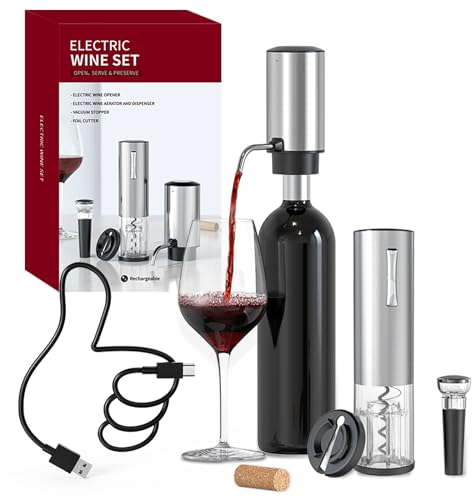CIRCLE JOY Ensemble de Tire Bouchon Électrique 4-en-1 avec Ouvre Bouteille Rechargeable, Verseur Rechargeable, Coupe-Capsule et Bouchon à Vin sous Vide, Ensemble Cadeau pour Amateurs de Vin, Argent
