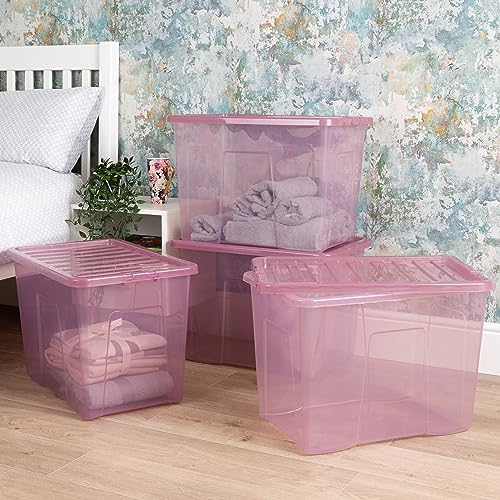 Wham Crystal 4x 80L Plastic Storage Boxes with Lids Tint Dusky Orchid (Pink). Large Size, Strong (Pack of 4, 80 Litre). Made in the UK