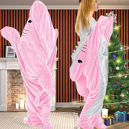 Samnuerly Hai-Decke für Kinder Erwachsene,Kinder Superweicher Sofa Kuscheldecke Hai Decke Schlafsack,Tragbare Shark Blanket Hoodie Adult Hai Decke Geschenk (Pink L)