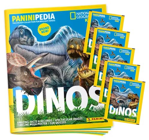 PaniniPedia Dinos Sticker - Dinosaurier Sammelsticker (2023) - Auswahl (1 Album + 5 Tüten)