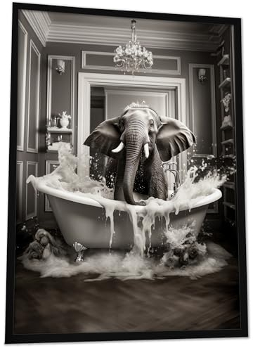 JUHMI Badezimmer Deko Bilder - Badewannen Tiere Wanddeko, Elefant DIN A3 (30x42 cm) - Bilder Schwarz Weiß WC Deko mit und ohne Rahmen