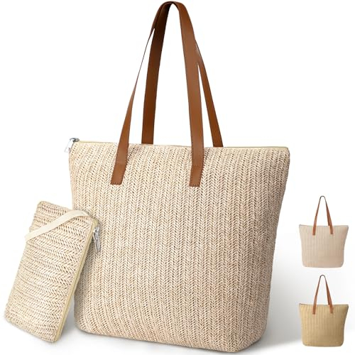 binsuns Stroh-Tragetasche, groß, gewebte Strandtasche, Sommer, Strand, Hobo-Handtasche, Ledergriff, für Damen, Reisen, Urlaub, Einkaufen, B-beige
