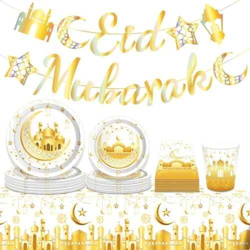 Eid Tableware Set, Eid Plates, Cups, Napkins, Tablecover, Ramadan Tableware Set, Ramadan Decorations - Gold and White