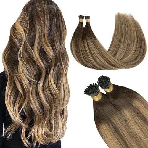 GOO GOO I Tip Hair Extensions Real Human Hair, Balayage Chocolate Brown to Caramel Blonde 50g 50 Strands 18inch Cold Fusion I Tip Hair Extensions
