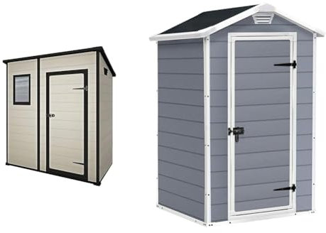 Keter Manor Outdoor Pent Single Door Garden Storage Shed 6 x 4ft & Manor Outdoor Garden Storage Shed, Grey, 4 x 3 ft