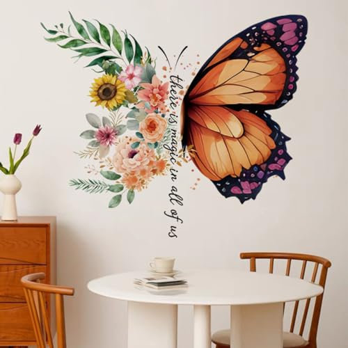 Blumen Wandtatto Pflanzen Wandsticker - Schmetterlinge Set Wand Dekoration Wandaufkleber Schlafzimmer Wanddeko 0317
