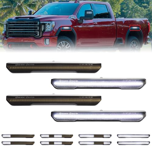 FetonAuto Scan White LED Side Marker Lights for GMC Sierra 2500HD 3500HD Pickup Truck 2020 2021 2022 2023 2024, Front Rear Bumper Turn Signal Reflector Lamp