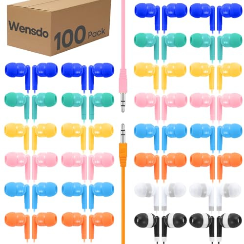 Wensdo 100 Stück In-Ear-Kopfhörer, einzeln verpackt, Großhandelsstudenten, kabelgebundene Kopfhörer mit 3,5-mm-Klinkenstecker für Klassenzimmer, Schule, Bibliothek, Museen und mehr (verschiedene