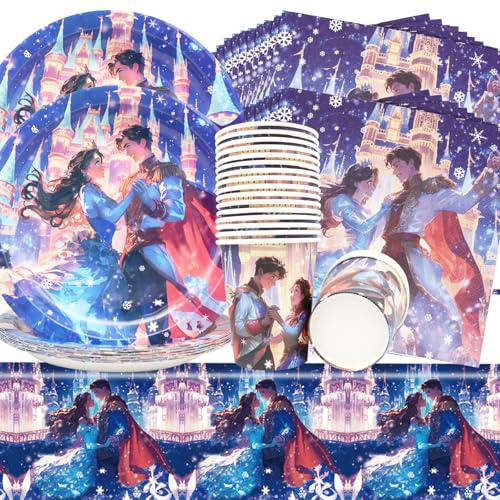 Doyomtoy Prinzessin Partygeschirr,61 Stück Partygeschirr Kindergeburtstag,Prinzessin Set,Teller,Pappbecher,Banner,Tischdecke,Servietten,Geeignet für 20 Personen Party Deko