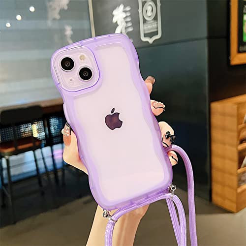 Rokmym Coque pour iPhone 16 Pro Max avec Cordon de Collier, Transparent Coque Grande Bordure ondulée en Silicone Bumper Coque (Longueur réglable) Anti-Choc Housse pour iPhone 16 Pro Max,Violet