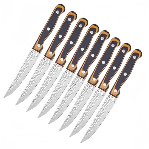 SanheKit Steakmesser-Set, deutscher Edelstahl mit hohem Kohlenstoffgehalt, Geschmiedete, gehämmerte Klinge Holzgriff, Full-Tang-Design (8 pcs set)