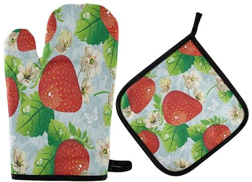 Vikeiac Ofenhandschuhe mit Erdbeer-Motiv, tropische Früchte, Blätter, rutschfest, hitzebeständig, für Frauen, Kochhandschuhe, Backen, Backen, Grillgeschenke