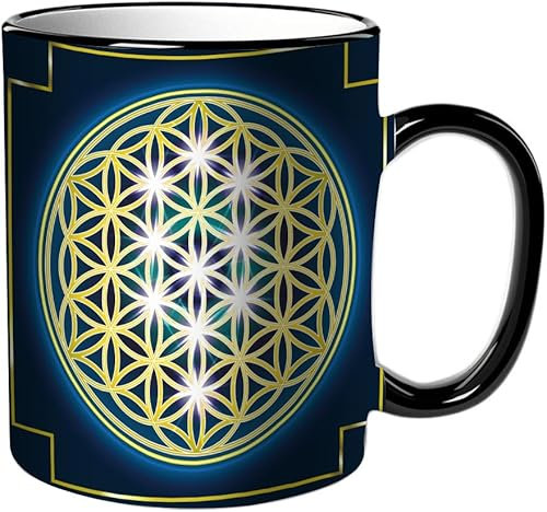 KDWJS Tasse Keramik Kaffeetassen Große 11oz Tassen 330ml Trinkgläser Mit Griff Personalisierte Geschenk Weiß,Heilige Geometrie Blume des Lebens Symbol Variationen